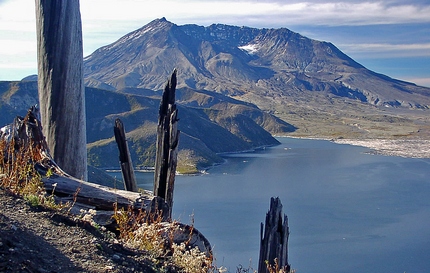 Mt St Helens rises above Spirit Lake as seen from the Independence Pass trail of the Mt St Helens National Volcanic Area