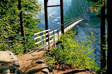 Hanging bridge crossing Tahoma Creek on the Mirror Lakes trail 